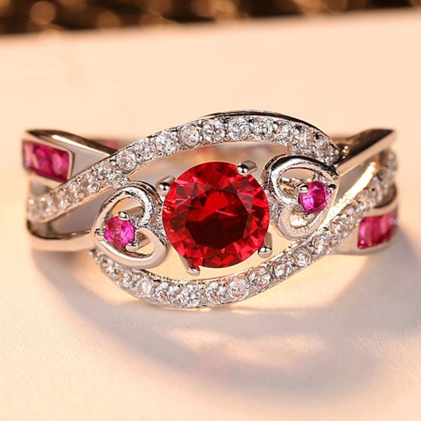 

new arrival hollow out heart design red white cz silver color ring size 6 7 8 9 fashion women wedding party jewelry bague gift