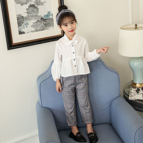 

baby girls clothes long sleeve bow cotton blouses + loosed pants 2pc sets for toddler kids outfits school uniforms vestidos, White