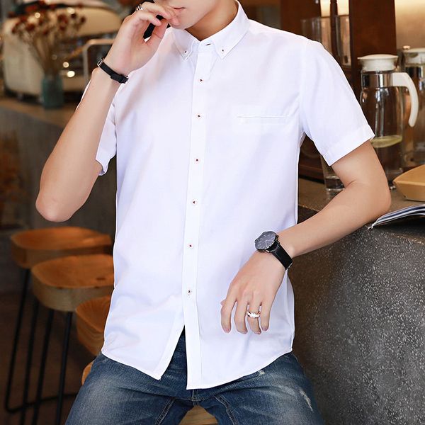 

summer wild shirt men's short-sleeved korean men's half-sleeved shirt casual slim clothing solid color casual men, White;black