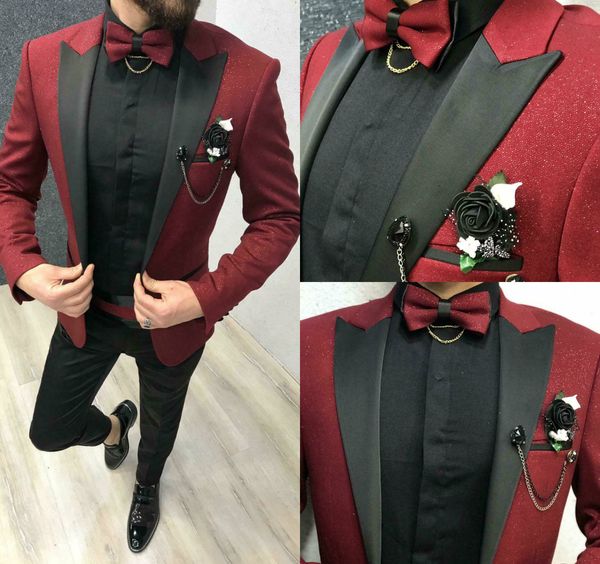 Burgunderroter Bling-Bling-Herrenanzug mit schwarzer Schal-Revers-Jacke, Hochzeits-Smoking-Mantel, Slim-Fit-Abschlussballkleid, reguläre Maßanfertigung