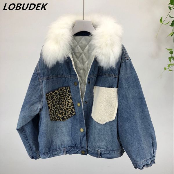

3 colors winter women thickened warm denim coats faux fur collar loose denim cotton jacket lady jeans cotton-padded outerwear, Black