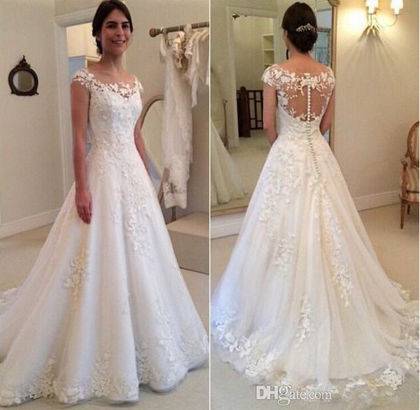 

bateau neck tulle with appliques a line wedding dresses white ivory boho wedding gowns button back