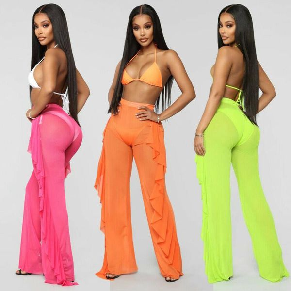 

sarongs plus size women see through pants bikini cover up mesh ruffle bottoms loose long trouser beachwear swimwear, Blue;gray