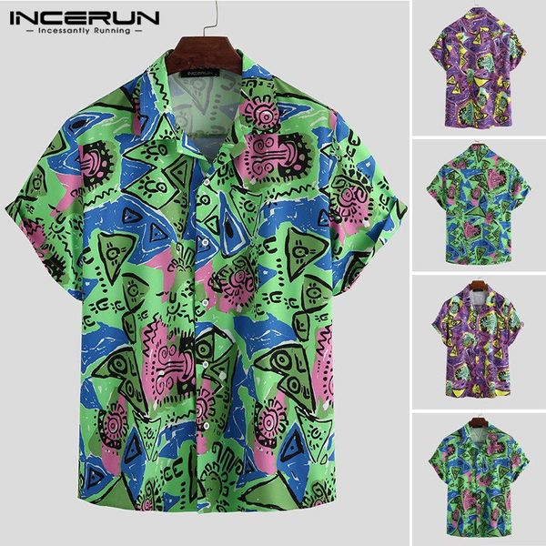 

incerun summer men hawaiian shirt short sleeve printed 2020 casual turn-down collar streetwear blouse fashion mens beach shirts, White;black
