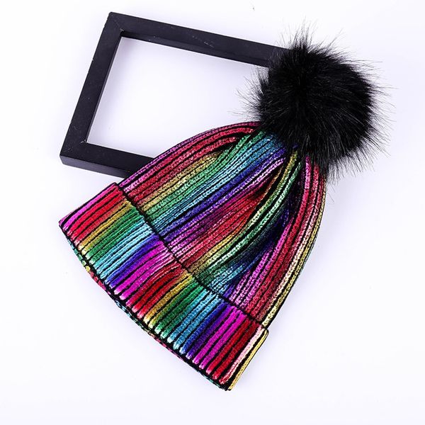 

men and women warm gold and silver shiny autumn and winter sales of colorful fur ball knit hats, Blue;gray