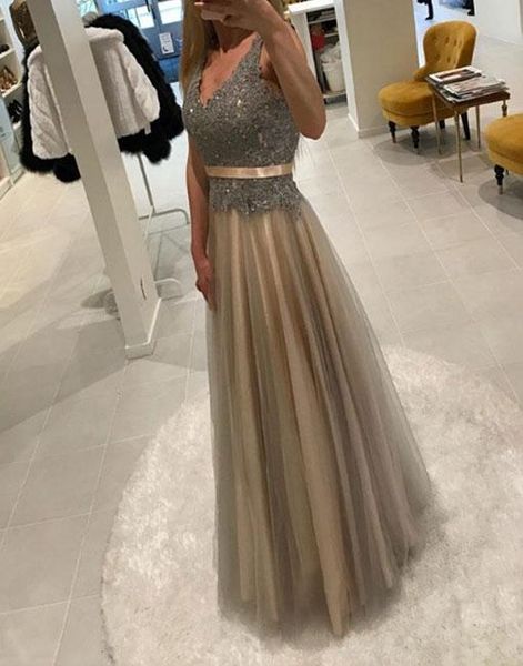 

new arrival prom dresses 2019 v-neck sleeveless floor length a-line lace tulle long evening dress robe de soriee, Black