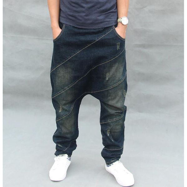 

men's denim pants hip hop harem jeans elastic waist with drawstring male trousers blue loose baggy jeans plus size s-3xl
