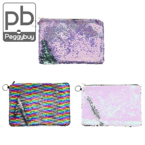 

2019 new fashion women sequins clutch cosmetics bag large capacity double sides colors pen bag convenient carry envelope