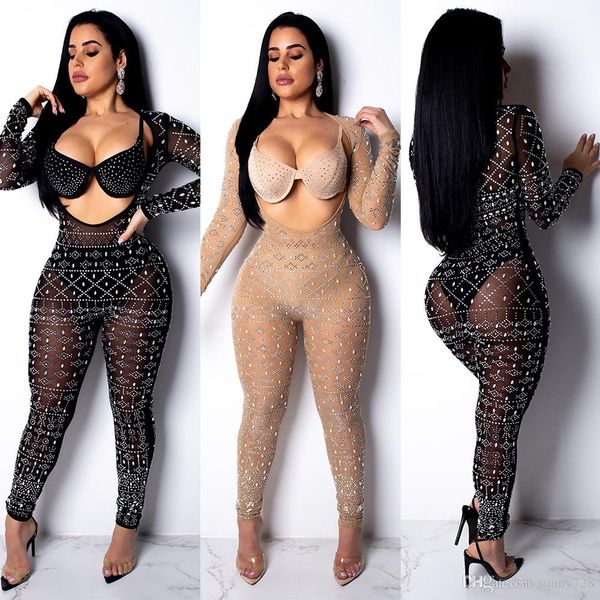 

2019 groegeous стразы кристаллы женщины партии комбинезоны черный шампанское два wear стиль длинные рукава see through night out club комбин, Black;white