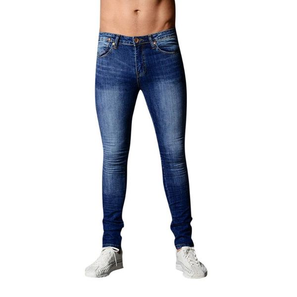 

men's jeans fashion denim men skinny elastic pencil trousers black for pants slim fit solid, Blue