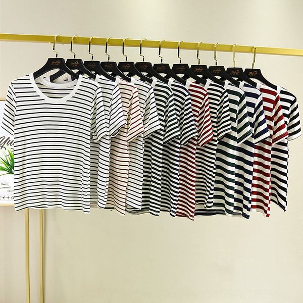 

2020 black and white striped round collar short sleeve women's slim and versatile stretch base coat top