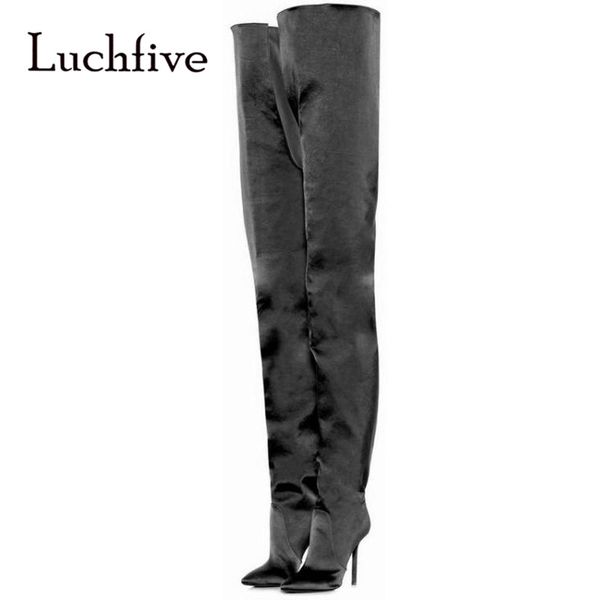 

2019 luxury satin over the knee boots women pointed toe 12cm high heel boots women runway party shoes, Black