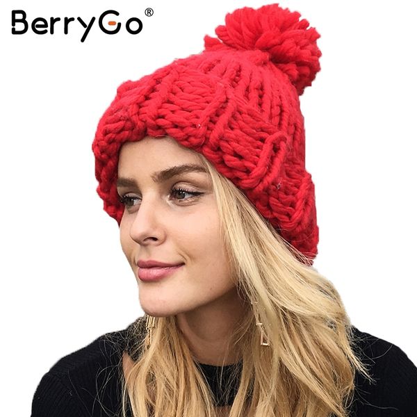 

berrygo knitting wool ball skullies beanies casual streetwear warm hat cap women autumn winter 2017 cute beanie hat female, Blue;gray