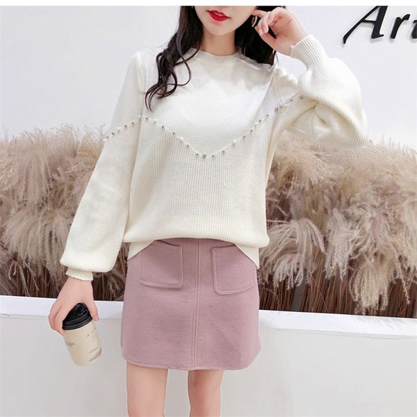 

solid beading knitted sweater pullover all match o-neck autumn knitwear sueter mujer long sleeve fashion women new 2019 warm, White;black