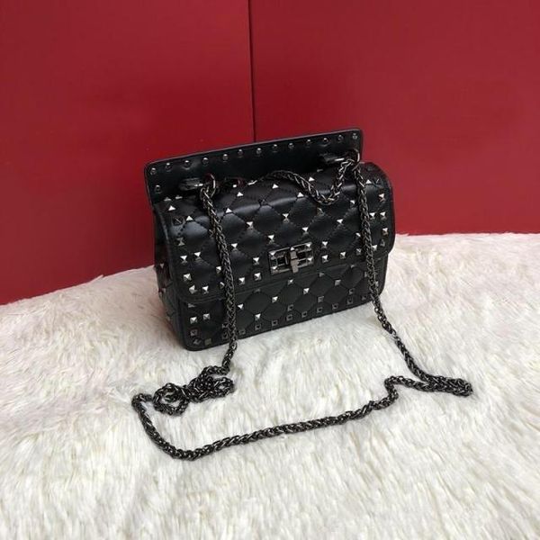 

new 2019 leather gird rivet handbag ladies shoulder bag genuine leather chain bag fashion crossbody bags wallet handbag 20cm