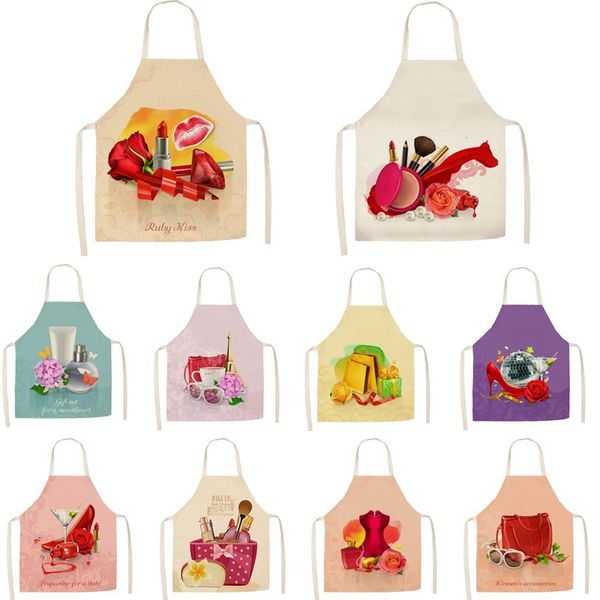 

1pcs kitchen apron nail polish cosmetic women printed sleeveless cotton linen aprons for men women home cleaning tools 55*68cm