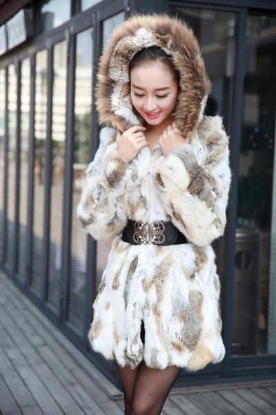 

real genuine natural fur coat with raccoon fur hood women's fashion jacket outwear custom any size, Black