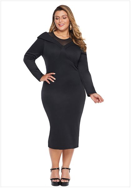 

xl 2xl 3xl 4xl 5xl plus size mesh neck patchwork midi dress women's dresses autumn and winter dresse dlm611206, White;black