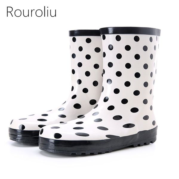

rouroliu women fashion non-slip hard-wearing breathable mid-calf rainboots polka dot waterproof water shoes wellies woman rb226, Black
