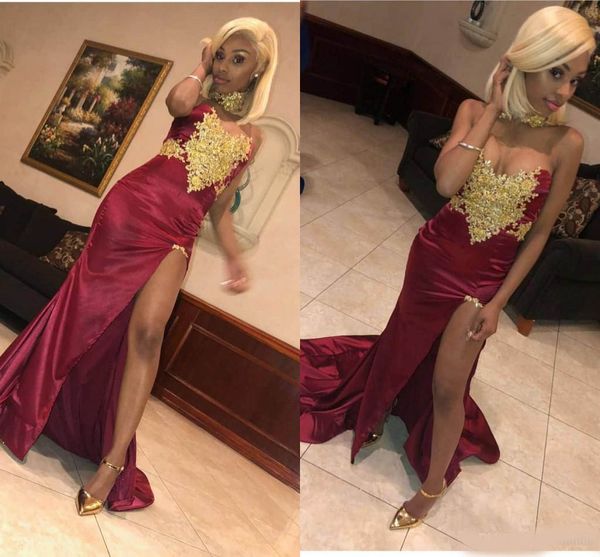 

2020 burgundy mermaid prom dresses long sweetheart gold applique backless high side split sweep train formal dresses evening party wear, Black