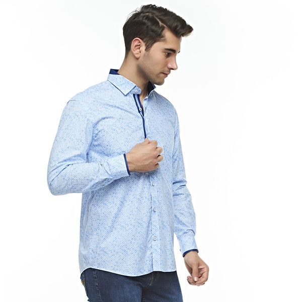

patterned blue shirt, White;black