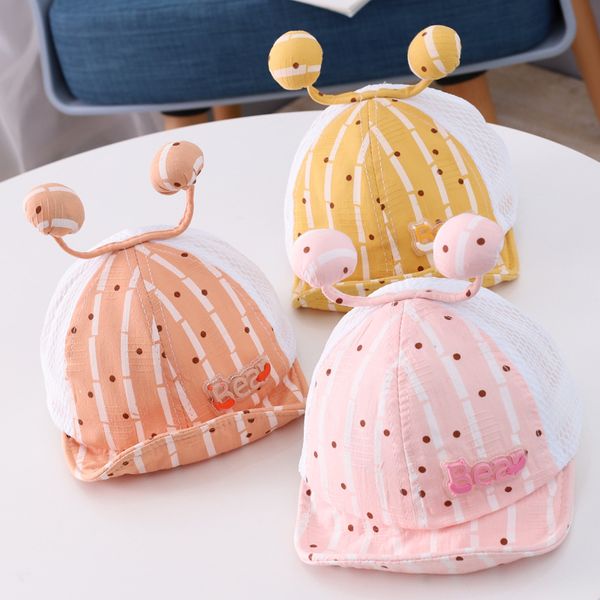

baby boy girl hats striped double ball baby net mesh hat children's 2020 summer new child sun hat soft brim caps, Yellow