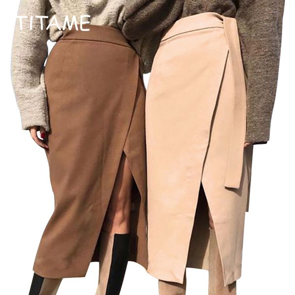 

titame womens spring skirt irregular slit female brown warm clothes lace-up wrap work office long skirts, Black