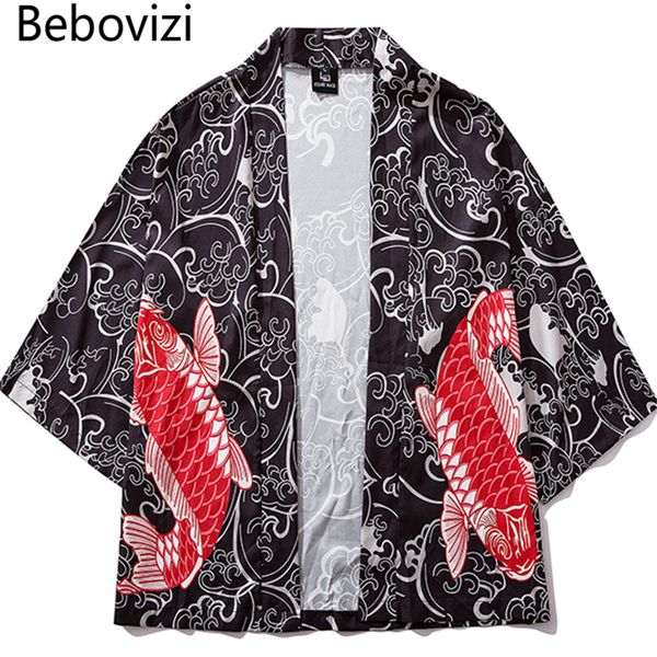 

bebovizi 2019 casual clothes japan style thin kimono men japanese streetwear chinese style koi print robe summer jacket, Black;brown