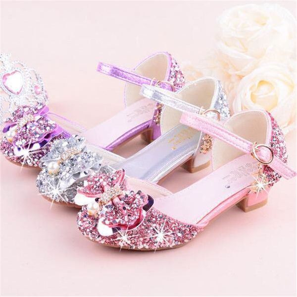 

children girl crystal rhinestone shoes girls dance shoes high-heeled party princess size 26-38 sliver pink purple tx03, Black;grey
