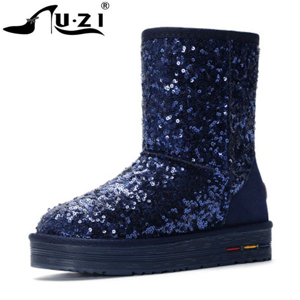 

women's warm snow boots ladies sequined winter cotton boots genuine leather cowhide mid-calf plush snow 35-40, Black
