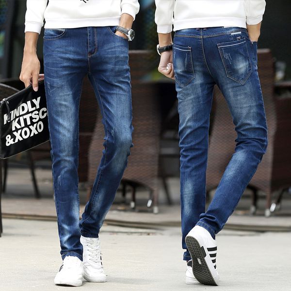 

men ripped jeans new spring fashion skinny biker jeans 2019 men casual trend skinny slim straight pant plus size, Blue
