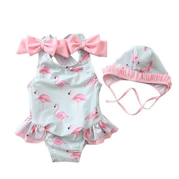 

2020 summer kids baby girls swimsuit with hat flamingo beachwear 2pcs sweet children girl bowknot swimwear sets 1-6y, White
