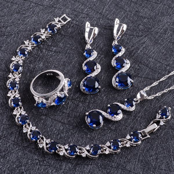 Set di gioielli da sposa in argento 925 con zirconi blu, costumi da donna, collane con ciondoli, anelli, bracciali, orecchini con pietre, confezione regalo