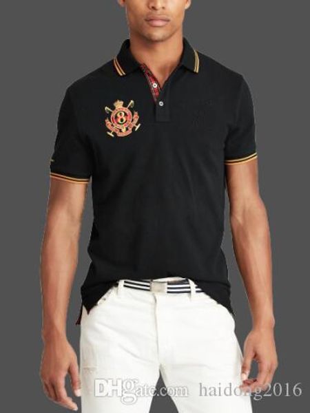 

новые мужчины твердые рубашки поло лошади вышивка лето с коротким рукавом повседневная polos полосатой воротник мужчины спорт футболка тройн, White;black