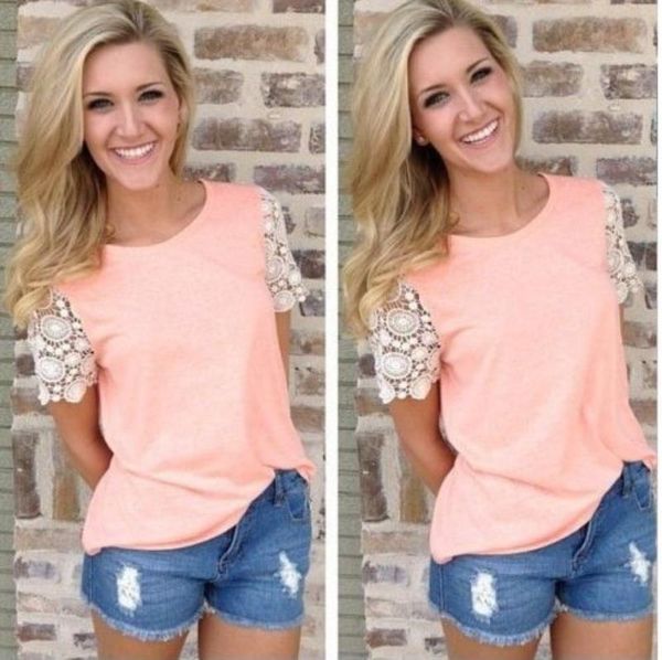 

women's womens designer tees clothing pink, grey, dark blue lace splicing sleeve short sleeve t-shirt women&#039, White