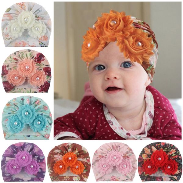 

15447 new europe infant baby hat beads three flowers headwear child toddler kids sun flower beanies turban florals hats children hat 7 color, Yellow