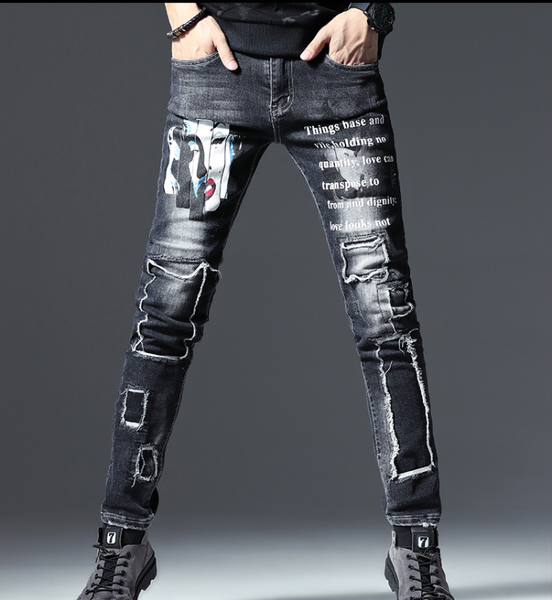 

beauty print holes men slim straight jeans black stretch cotton denim ripped patch fashion painted beggars jeans vintage pants, Blue