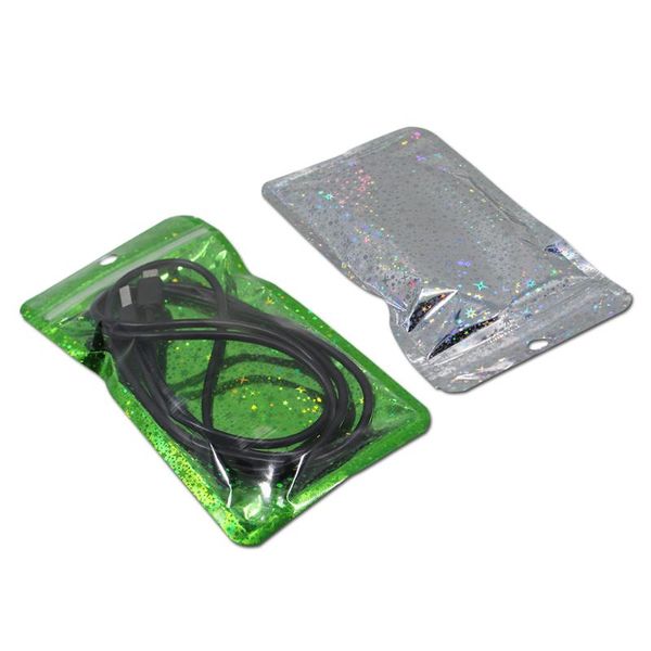 

300pcs/lot glittery green front clear pouch zipper reclosable package bag hanging groceries storage ziplock plastic bags