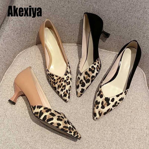

black khaki women's shoes genuine leather shoes fashion pointed leopard woman high heel fashion 7cm high heel s