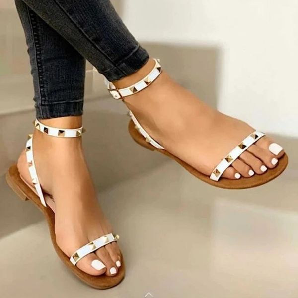 

new women summer sandals fashion rivet buckle strap open toe beach casual women's shoes flats plus size ladies sandals, Black
