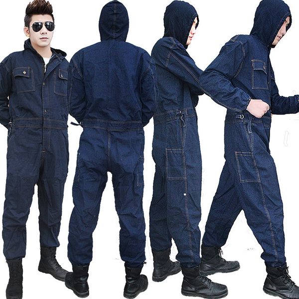 

s-4xl men's overalls jumpsuit long sleeve multi-pocket hood loose large size denim overalls jeans plus size uni-work clothes, Blue