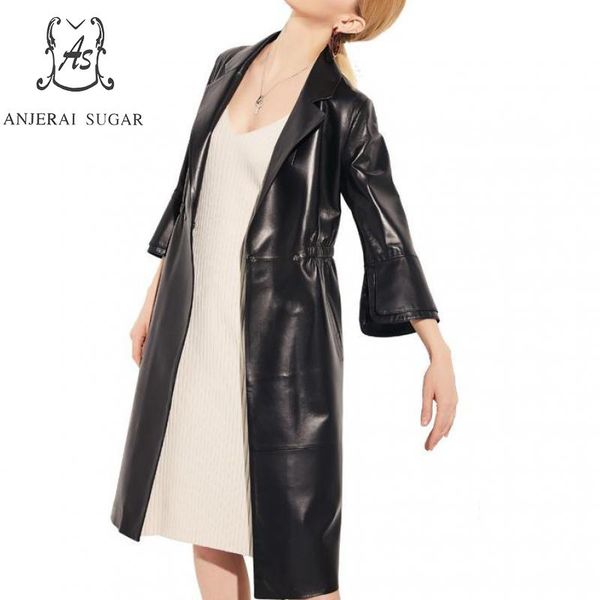 

autumn women sheepskin genuine leather jacket black turn-down collar flare sleeve jaqueta couro feminina long windbreak coats