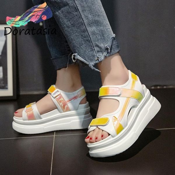 

doratasia fashion women open toe platform hook loop chunky shoes beach casual sandals women sneakers sandals, Black