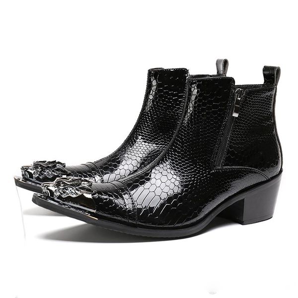 Spitzer Zehenreißverschluss High Heels Mann mit Metallspitze Reiten männliche Paty-Abschlussballschuhe Lackleder Alligator Herren Punk Rocker Stiefeletten