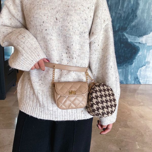 

plaid women chest bag set 2019 new vintage shoulder messenger bag chain waist pack small round belt