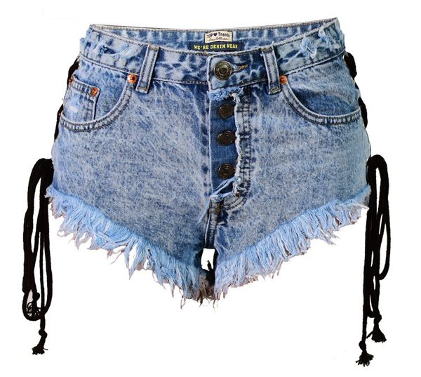 

tassel side lace up short jeans for women summer high waist short back ripped jeans woman button shorts mini pants, Blue