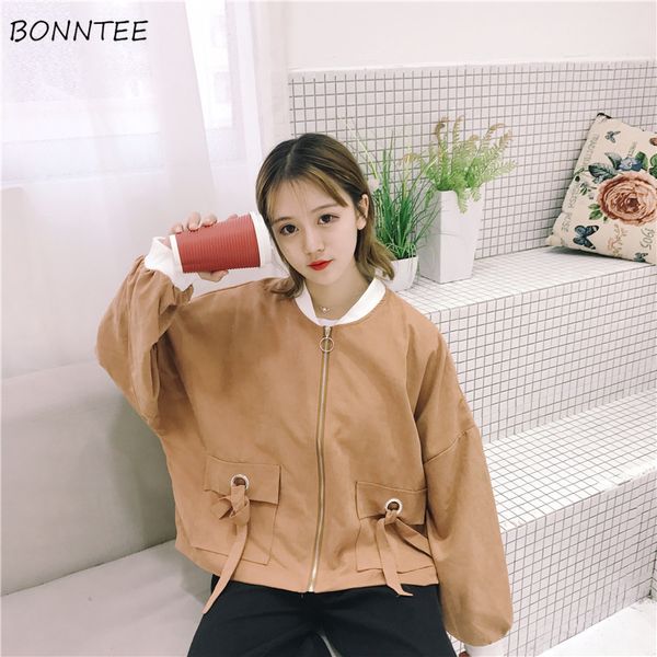 

jackets women solid zipper harajuku bf students simple basic jacket korean style pockets all-match womens loose leisure trendy, Black;brown