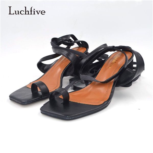 

luchfive new style square toe ankle strap gladiator sandals women encircle toe med chunky heel all matched summer shoes, Black
