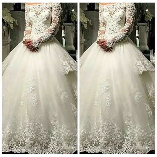 

bateau 2019 long sleeves lace appliques wedding dress bridal gowns lace custom princess vestidos de marriage beaded luxurious, White
