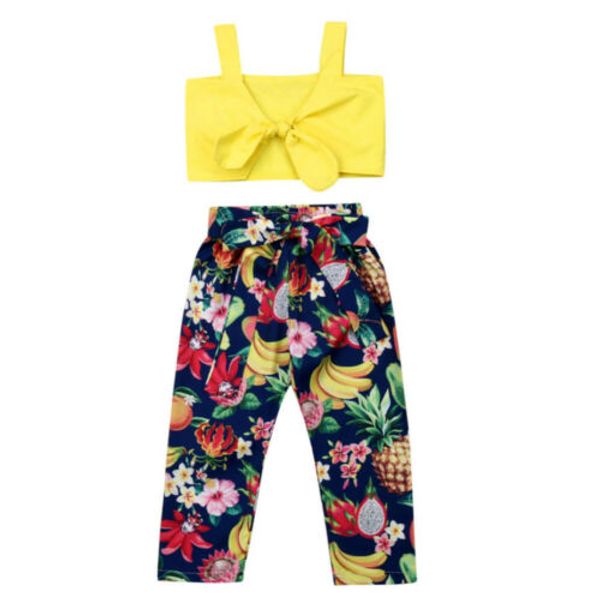 

2-7years малышей kid baby girl летние одежды лук ремень top фрукты печати pant эпикировка 2pcs, White